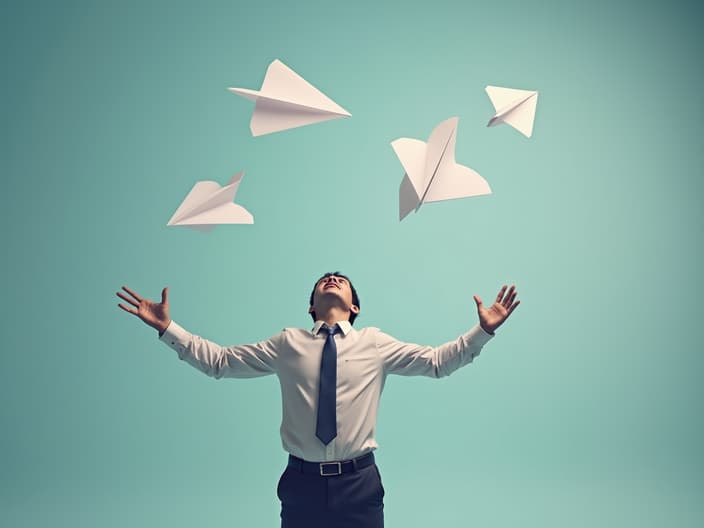 Studio shot of a person releasing paper airplanes, symbolizing letting go of worries