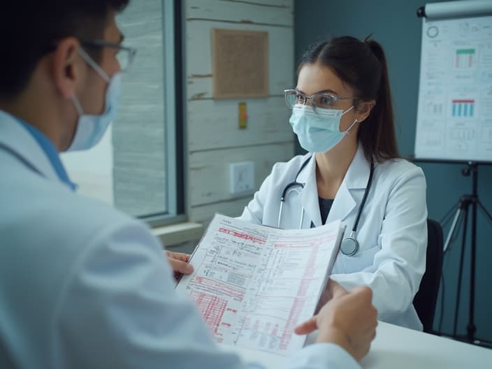 Studio shot of a person reviewing blood test results with a doctor, medical charts visible