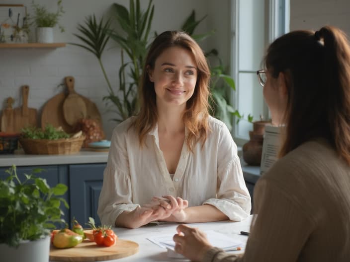 Studio shot of a person sitting across from a nutritionist, with a notepad and healthy food items on the desk