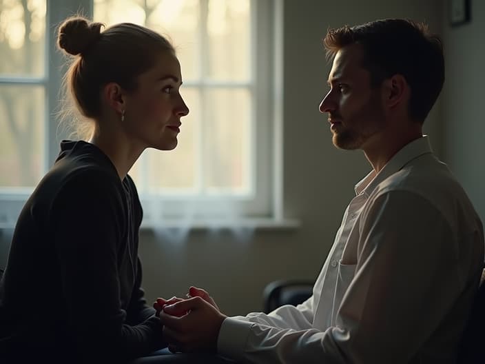 Studio shot of a person talking to a therapist, with a calm atmosphere