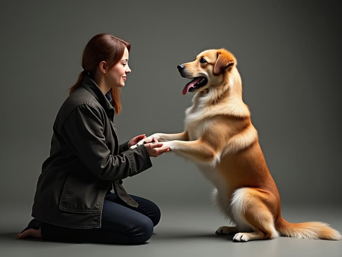 Studio shot of a person training a dog to sit and give paw