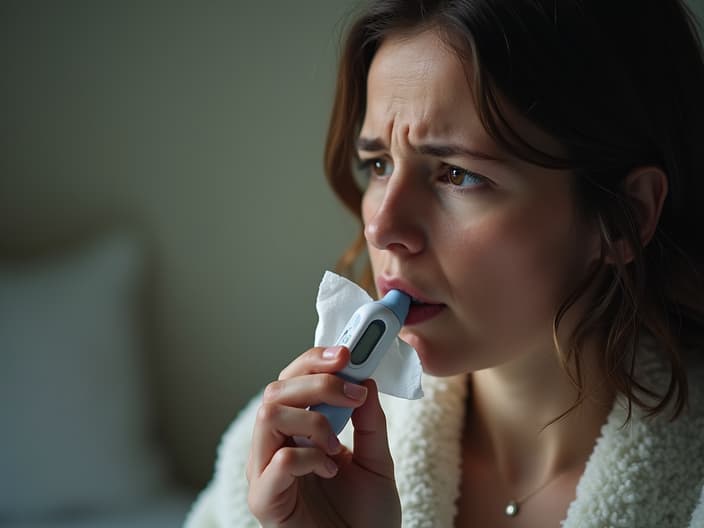 Studio shot of a person with a thermometer in mouth, tissues nearby, looking unwell