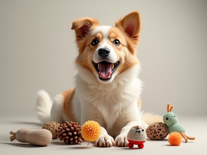 Studio shot of a playful dog with various toys, excited and ready to play