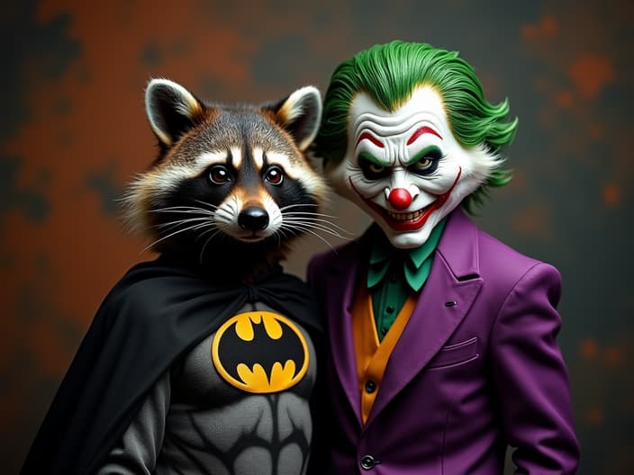 Studio shot of a raccoon and a friend dressed as Batman and the Joker, with a Halloween background