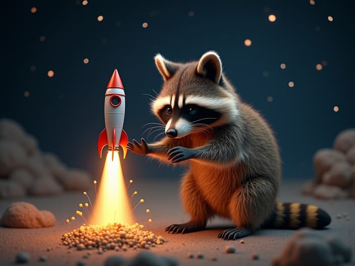 Studio shot of a raccoon assembling a homemade rocket, with a launch pad and stars in the background