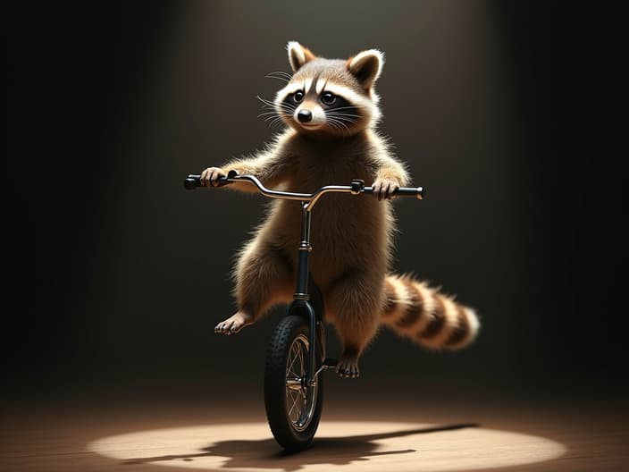 Studio shot of a raccoon balancing on a unicycle while juggling, spotlight effect