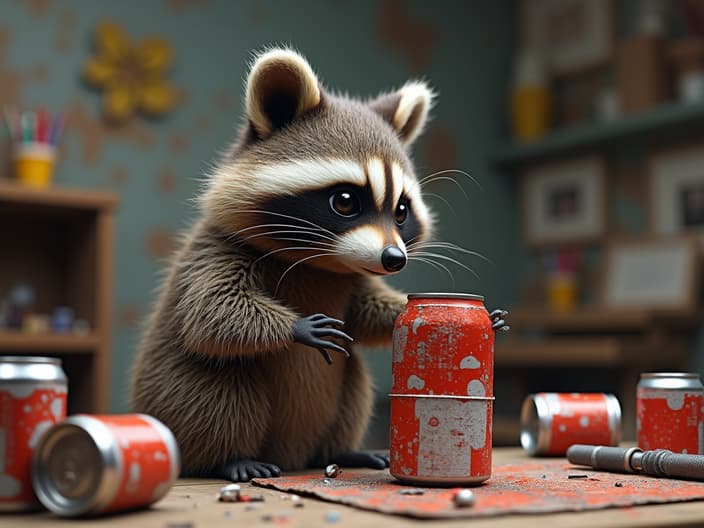 Studio shot of a raccoon building a sculpture out of empty soda cans, with a creative workspace in the background