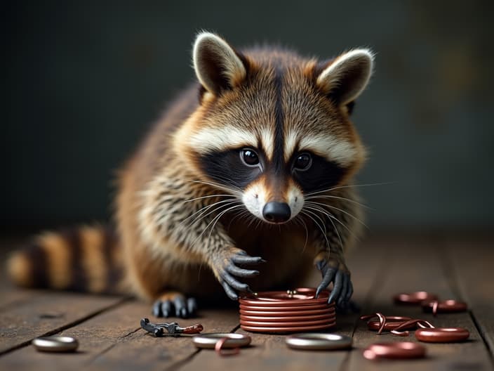 Studio shot of a raccoon building an electromagnet, with a coil and magnets scattered around