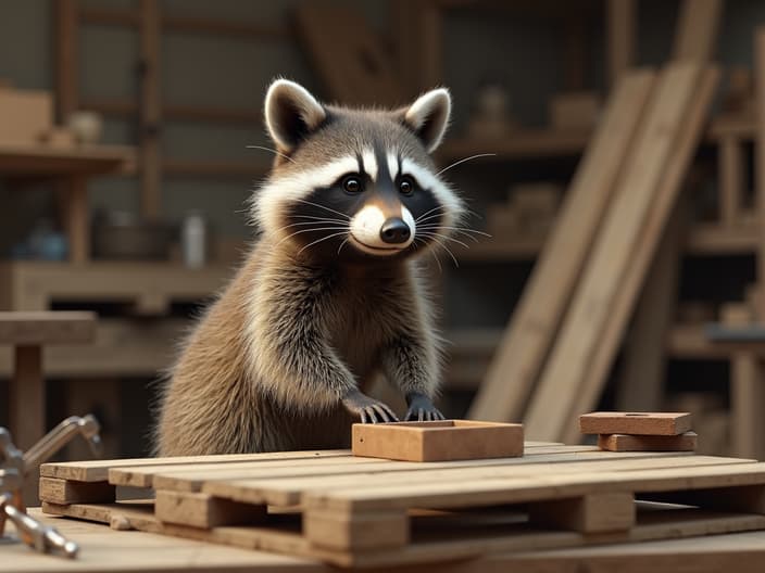 Studio shot of a raccoon building furniture out of pallets, with a workshop and tools in the background