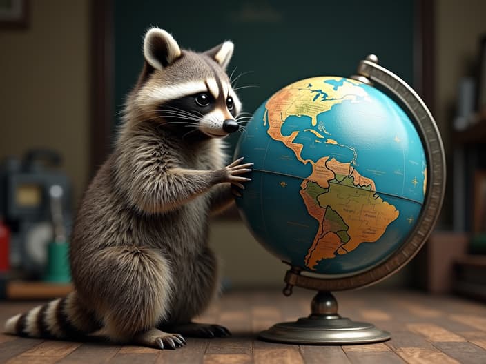 Studio shot of a raccoon calculating the weight of the Earth, with a globe and scientific equipment in the background