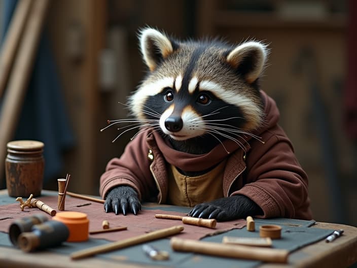 Studio shot of a raccoon designing a costume, with a variety of materials and accessories