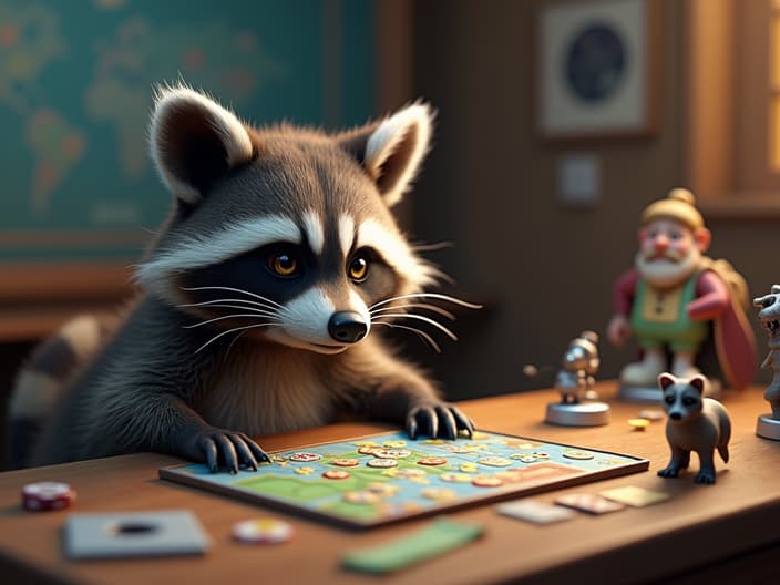 Studio shot of a raccoon designing a game, with a game board and characters in the background