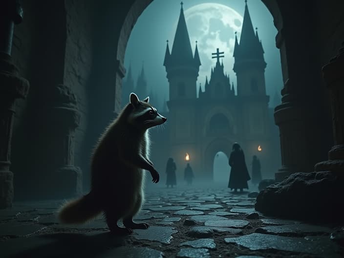 Studio shot of a raccoon exploring a haunted castle, with ghostly figures and eerie lighting