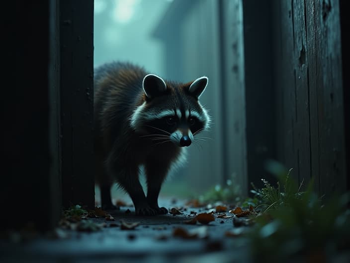 Studio shot of a raccoon exploring a spooky location, with eerie sounds and atmospheric effects