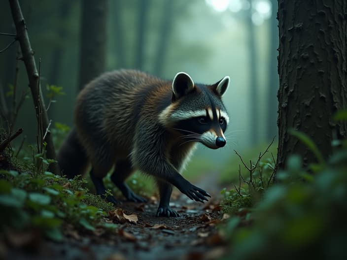 Studio shot of a raccoon exploring an abandoned hospital in the woods, with overgrown vegetation and eerie lighting