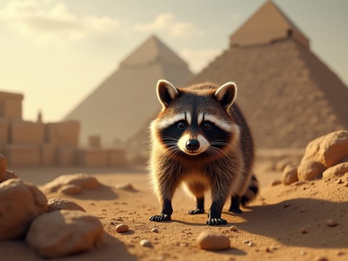 Studio shot of a raccoon exploring an ancient civilization, with pyramids and artifacts in the background