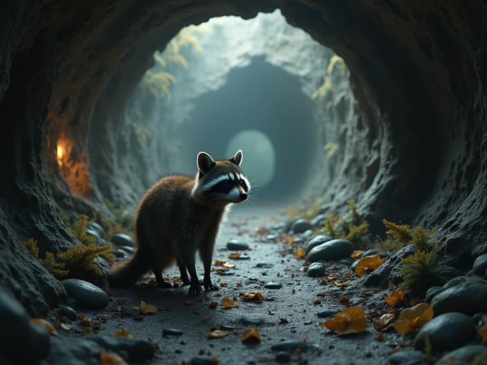 Studio shot of a raccoon exploring an underground city, with mysterious tunnels and strange technology