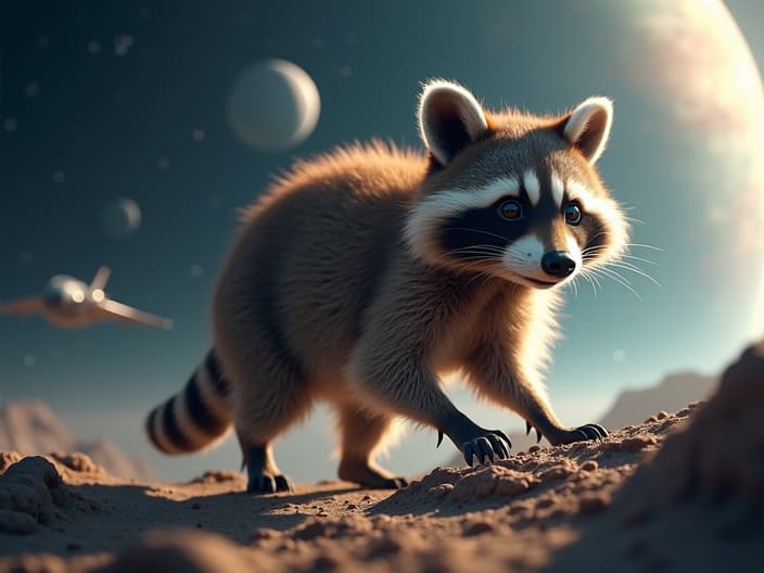 Studio shot of a raccoon exploring space, with a spacecraft and a distant planet in the background