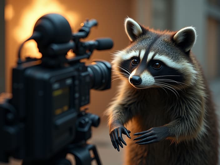 Studio shot of a raccoon filming a bank heist, with a camera crew and action in the background