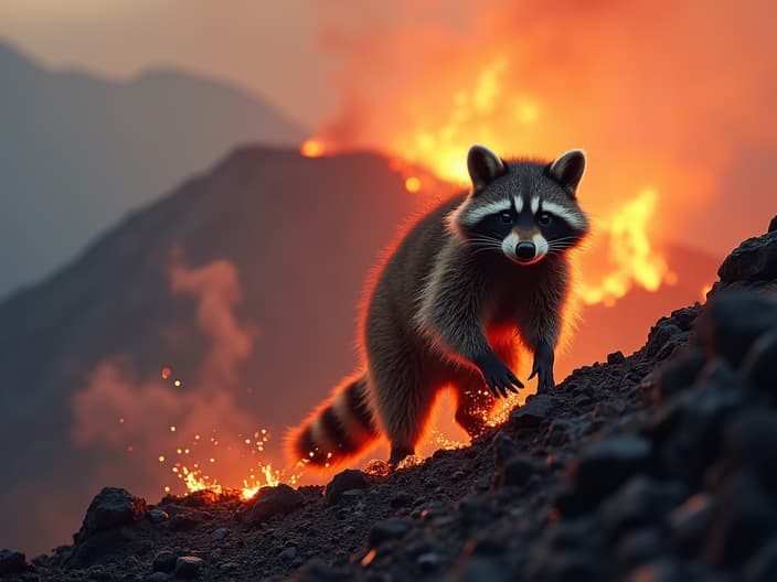 Studio shot of a raccoon hiking up a volcano, with steam and lava in the background