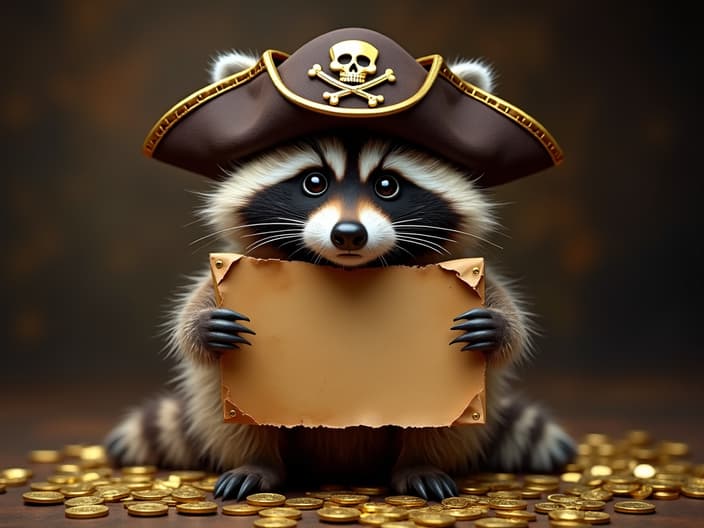 Studio shot of a raccoon holding a treasure map and wearing a pirate hat, surrounded by gold coins