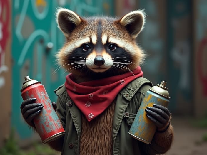 Studio shot of a raccoon holding spray paint cans, wearing a bandana, graffiti-covered wall in background