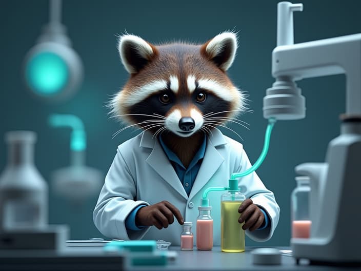 Studio shot of a raccoon in a lab coat, working with DNA samples and genetic engineering equipment