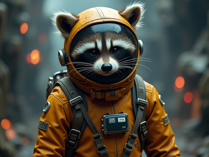 Studio shot of a raccoon in a spacesuit, surrounded by alien technology and probes