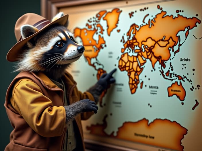 Studio shot of a raccoon in explorer outfit, pointing at a world map with exotic locations marked