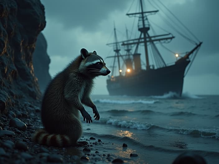 Studio shot of a raccoon investigating a ghost ship in the Baltic Sea, with a stormy background and eerie lighting