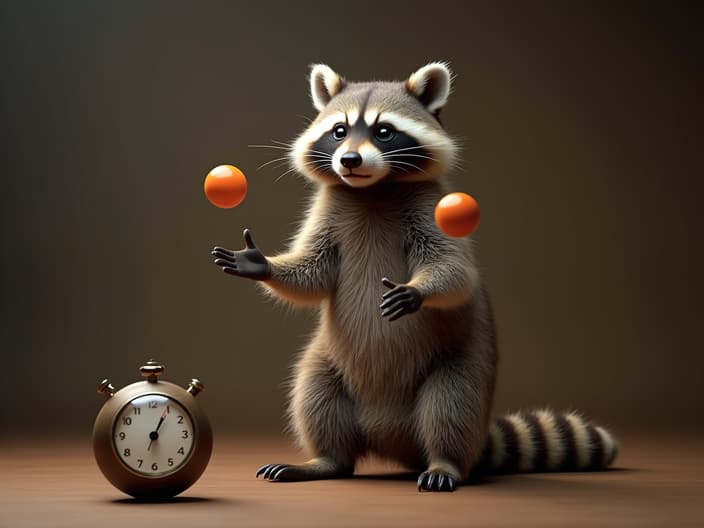 Studio shot of a raccoon learning to juggle, with juggling balls and a timer nearby