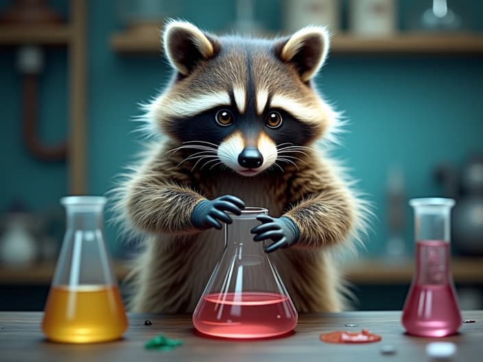 Studio shot of a raccoon mixing chemicals in a beaker, with a test tube and safety gear nearby