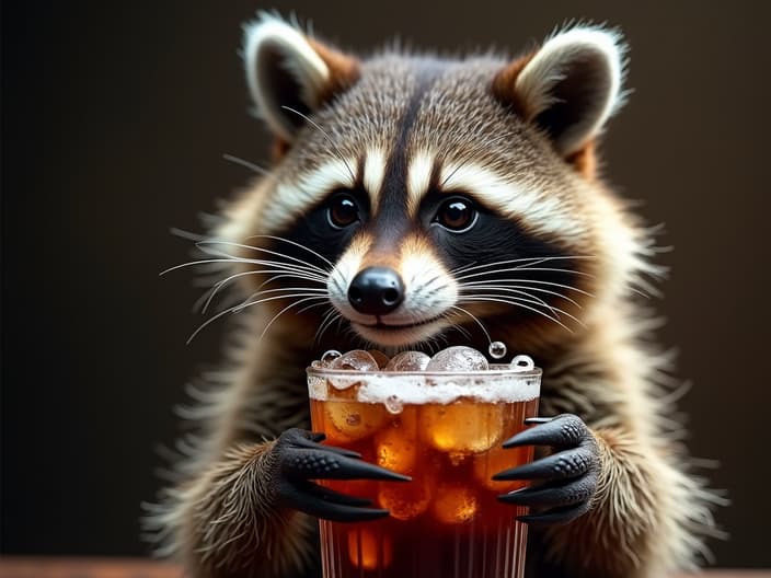 Studio shot of a raccoon mixing cola and menthol, with fizzing and bubbling effects