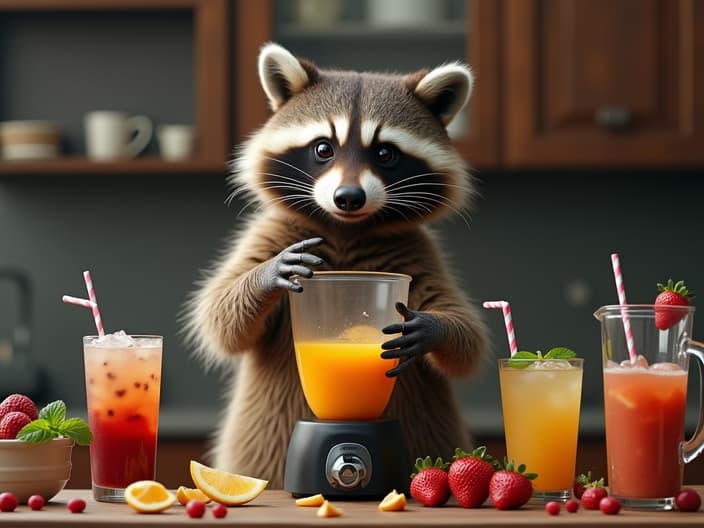 Studio shot of a raccoon mixing various drinks in a blender, with a messy countertop in the background