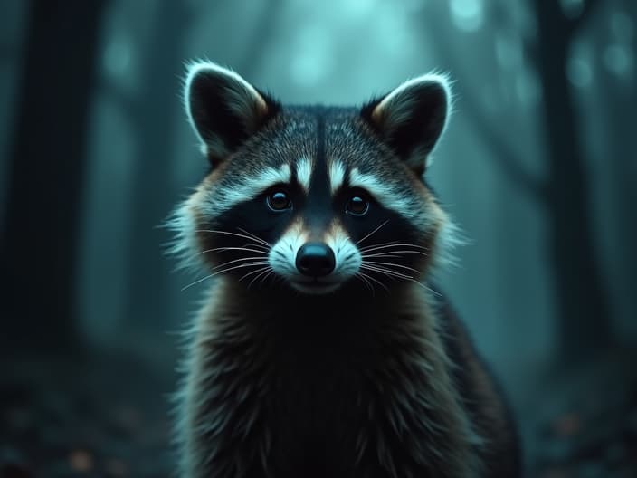 Studio shot of a raccoon on a video call, with ghostly effects and a spooky background