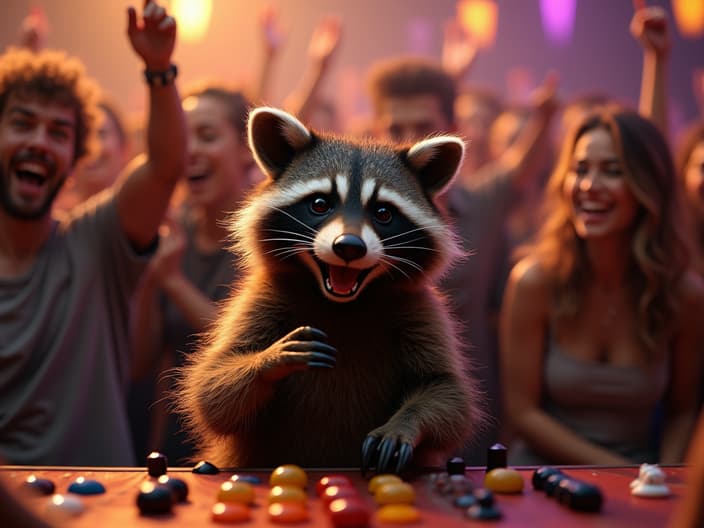 Studio shot of a raccoon playing a party game, with a crowd of people laughing and cheering