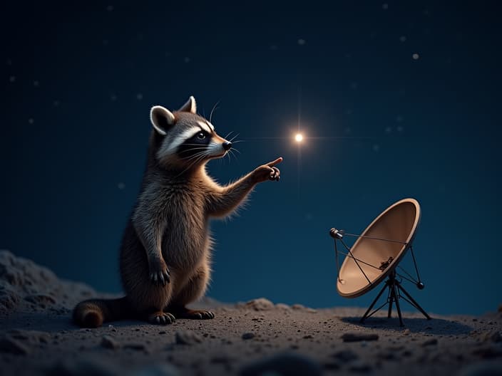 Studio shot of a raccoon pointing at a star in the night sky, with a satellite model nearby