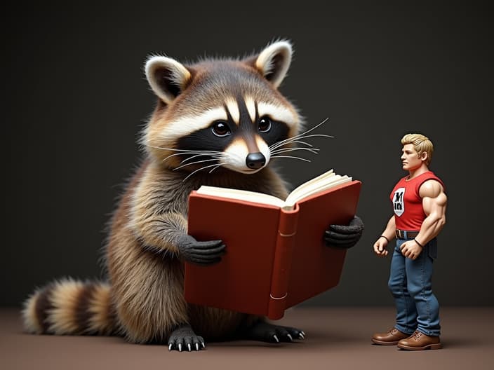 Studio shot of a raccoon reading a book about Chuck Norris, with a Chuck Norris action figure nearby