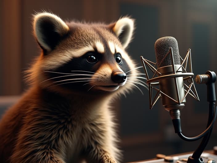 Studio shot of a raccoon recording a rap song, with a microphone and music equipment in the background