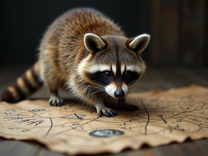 Studio shot of a raccoon searching for a UFO landing site on a map, with mysterious symbols and markings