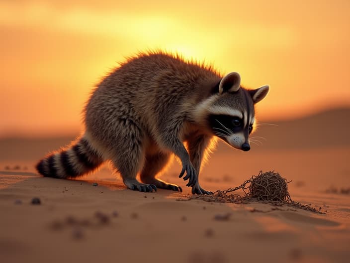 Studio shot of a raccoon searching for a hidden treasure in a desert, with sand dunes and a sunset background