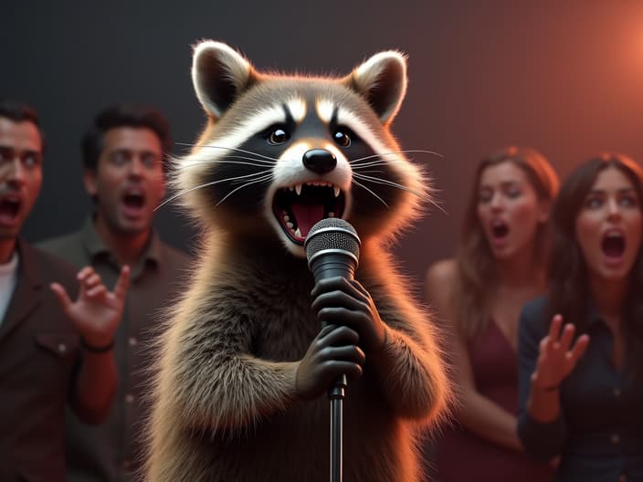 Studio shot of a raccoon singing karaoke, with a shocked audience in the background