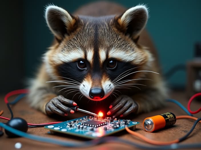 Studio shot of a raccoon soldering LED lights to a battery, with a circuit board and wires in the background