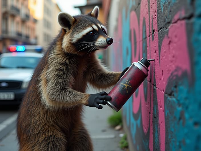 Studio shot of a raccoon spraying graffiti on a wall, with a police car and a crowd of people in the background