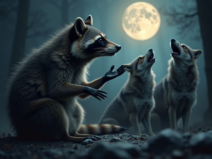 Studio shot of a raccoon telling a werewolf myth, with a full moon and howling wolves in the background