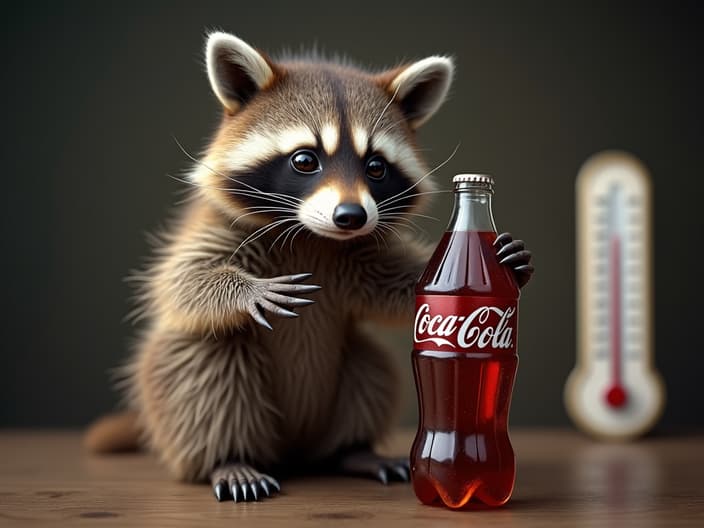 Studio shot of a raccoon using a soda bottle as a makeshift thermometer, with a thermometer in the background