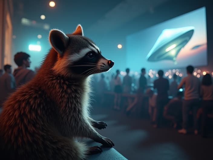 Studio shot of a raccoon watching a UFO video on a screen, with a crowd of people in the background