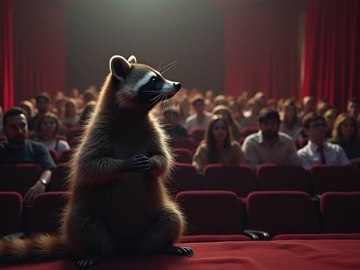 Studio shot of a raccoon watching a controversial play, with a crowd of people in the audience