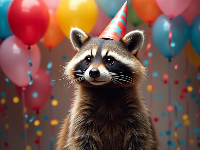 Studio shot of a raccoon wearing a party hat, surrounded by balloons and confetti