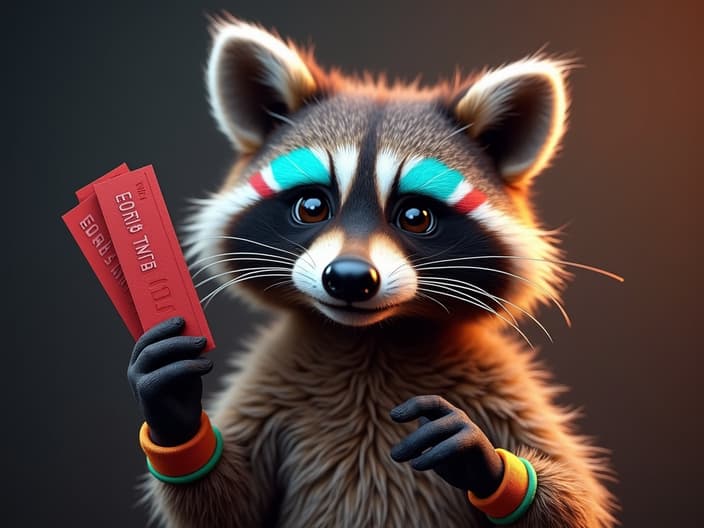 Studio shot of a raccoon wearing festival wristbands and face paint, holding concert tickets